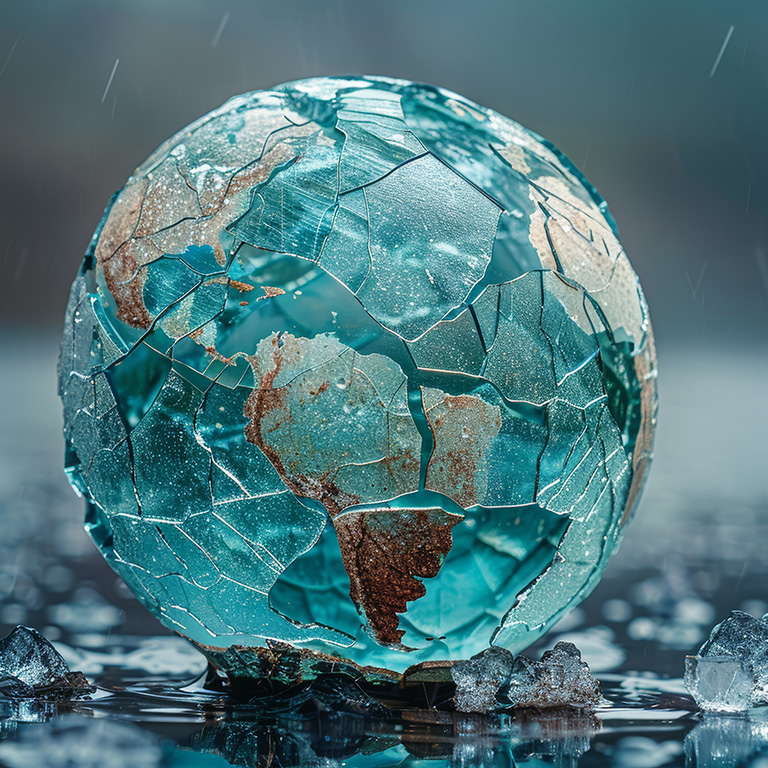 A cracked glass globe with fractured continents, suggesting the fragility of global stability. 