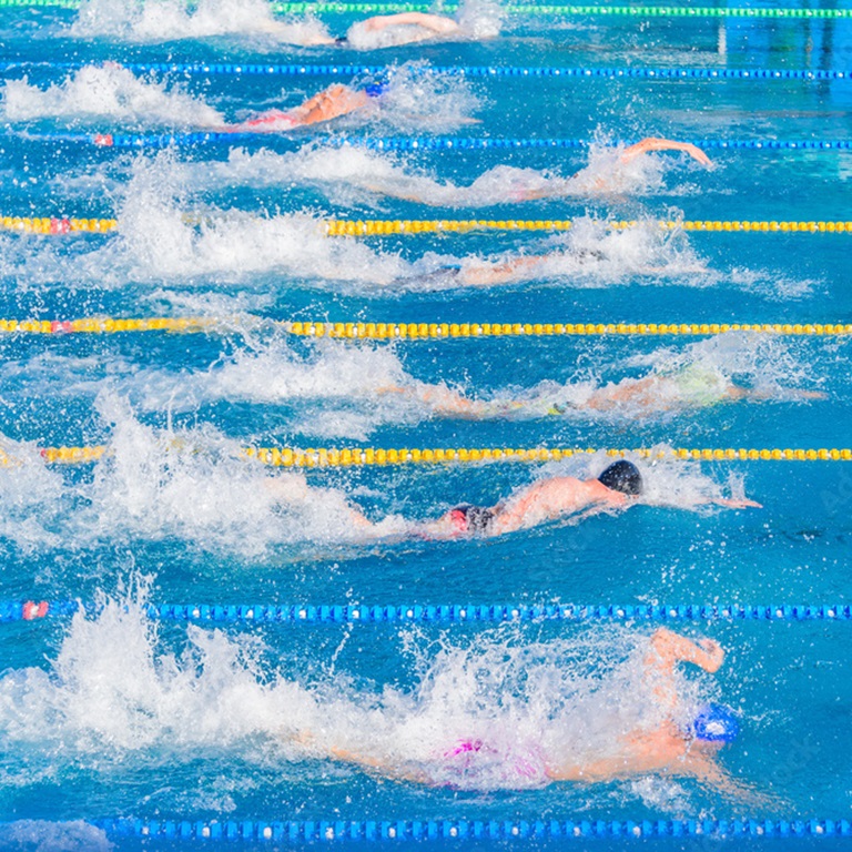 Competitive swimmers racing in outdoor pool