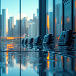 corporate boardroom table and chairs with cityscape view professional photography