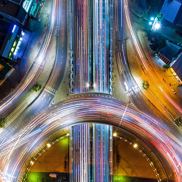 Dynamic aerial view circle road at night