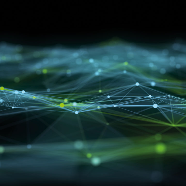 Futuristic smart city scene featuring AI-generated grid