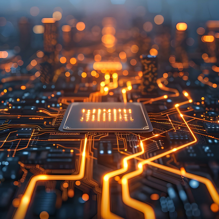Glowing circuits on silicon wafer represent AI's impact on futuristic cityscape. Concept Futuristic Technology, Artificial Intelligence, Urban Landscape, Silicon Wafer, Glowing Circuits