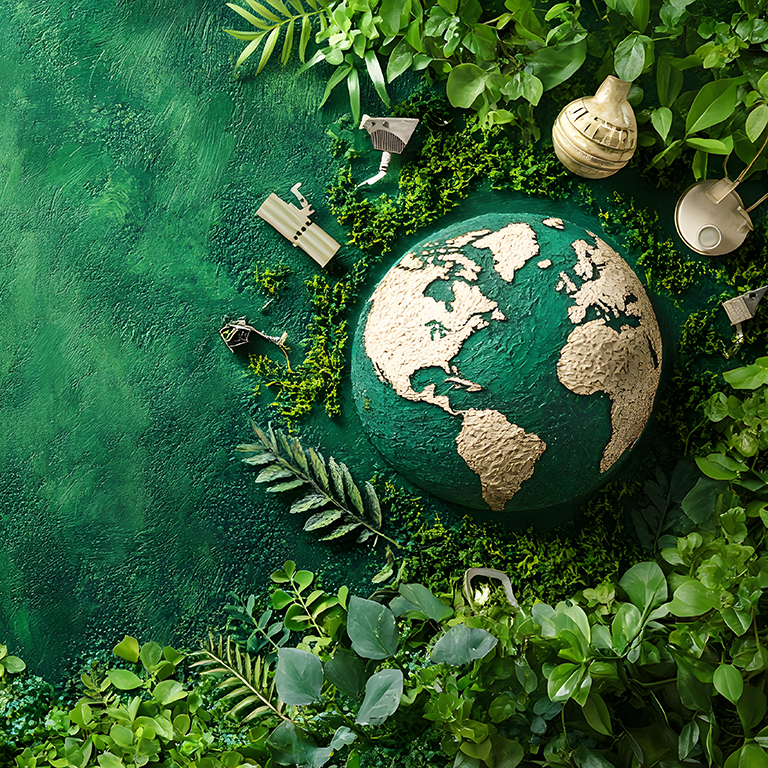 A textured green earth globe surrounded by lush green foliage, moss, and miniature satellites symbolizes environmental conservation and sustainability. A vibrant image conveying the importance of ecological balance and a healthy planet.