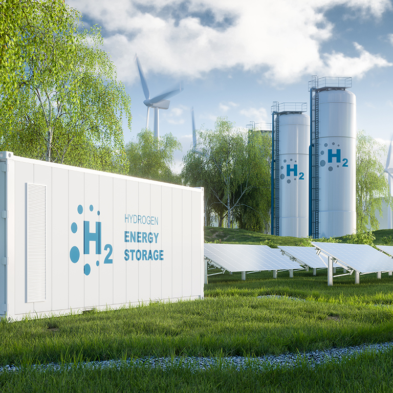 The concept of storing electrical energy in hydrogen by electrolysis. The system captures an electrolysis unit, storage tanks, solar and wind power plants on a lush lawn among the trees. 3d rendering