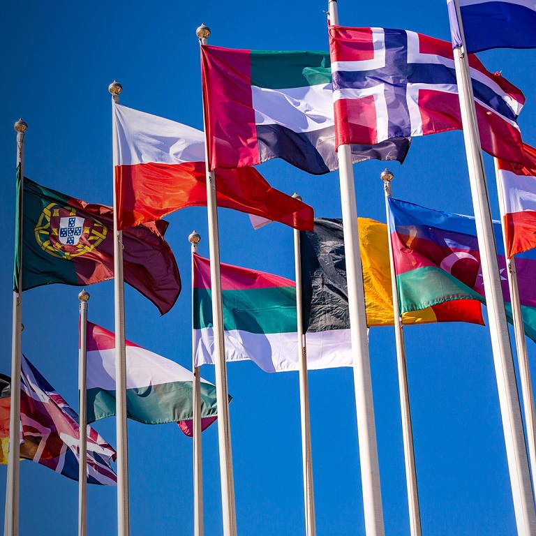 International flags in the sky
