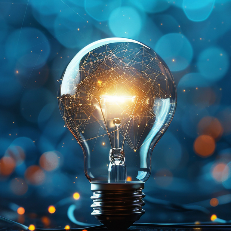 An illuminated lightbulb against a sparkling blue background symbolizing ideas, innovation, and inspiration