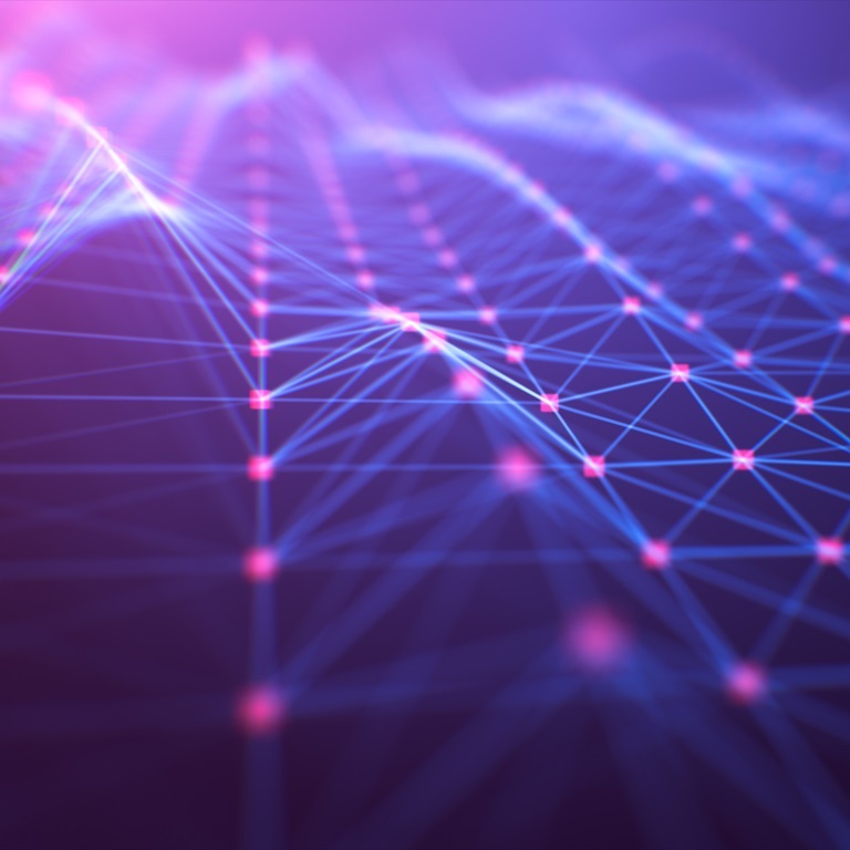 Vibrant connections form an intricate digital network, showcasing a wave-like structure. The colorful patterns evoke a sense of technology and innovation in a modern context.