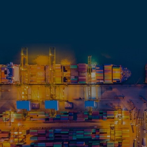 Cargo ship docked at night