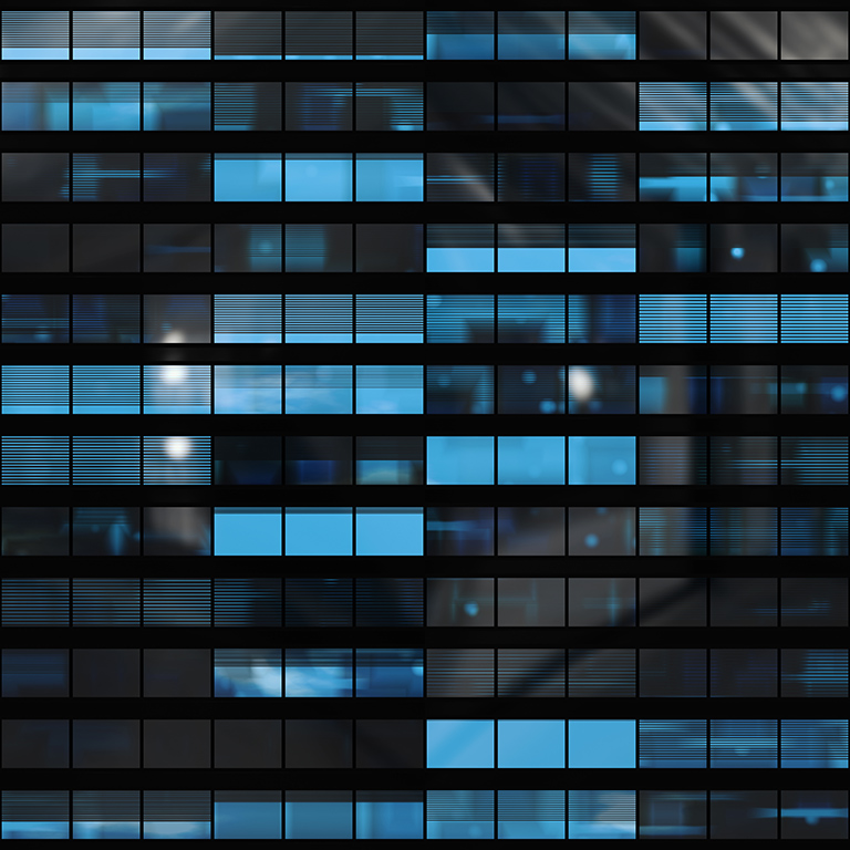 Seamless skyscraper facade with blue tinted windows and blinds at night. Modern abstract office building background texture with glowing lights against dark black exterior walls. 3D rendering.
