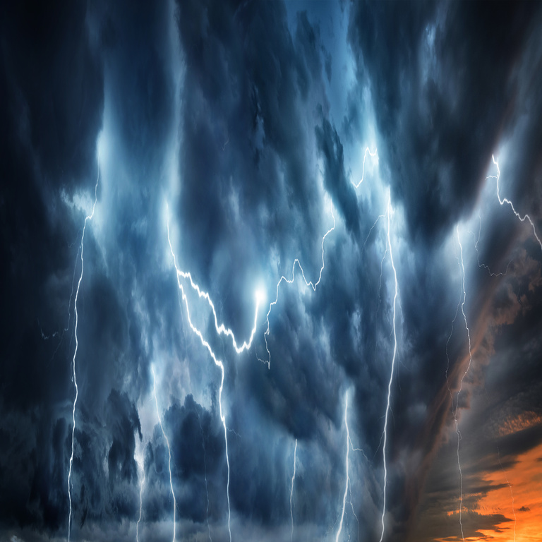 Lightning thunderstorm flash over the night sky. Concept on topic weather, cataclysms (hurricane, Typhoon, tornado, storm) 