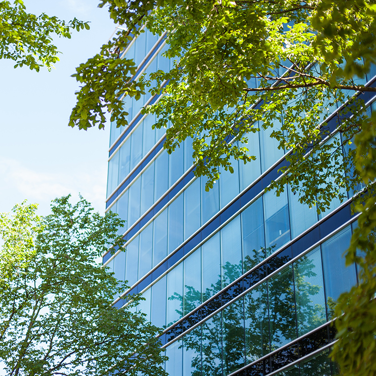 Modern glass facade high-rise office building