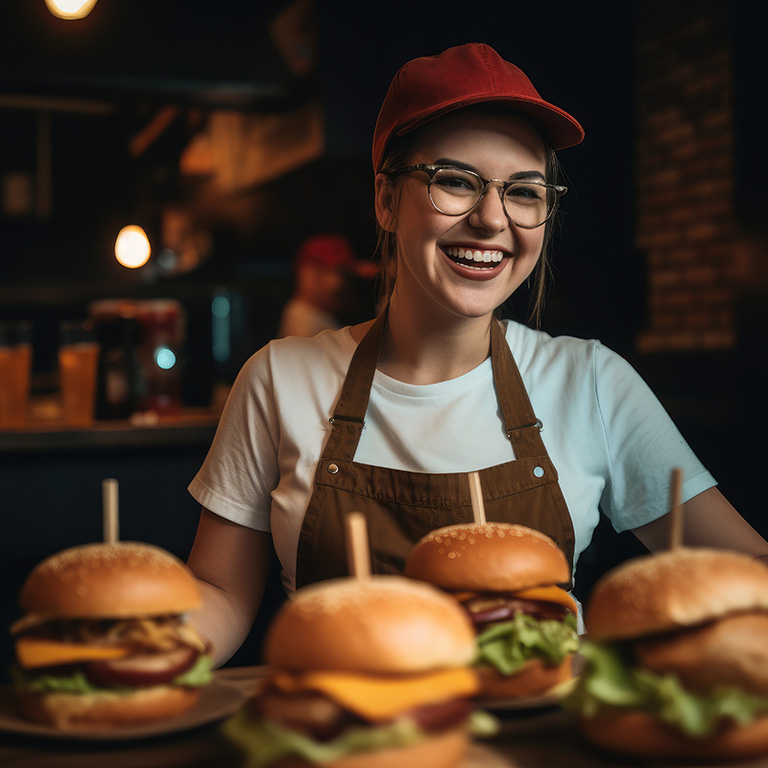 Happy caucasian waitress holding burgers at restaurant